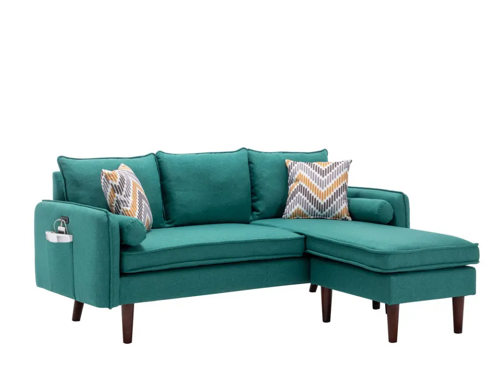Mia 70 Inch Green Sectional Sofa Chaise USB Charger And Pillows Living Room lilola home