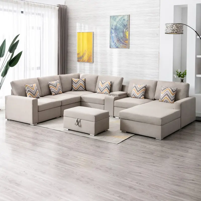 Nolan 135 Inch Beige Linen Fabric 8 Piece Reversible Chaise Sectional Sofa lilola home