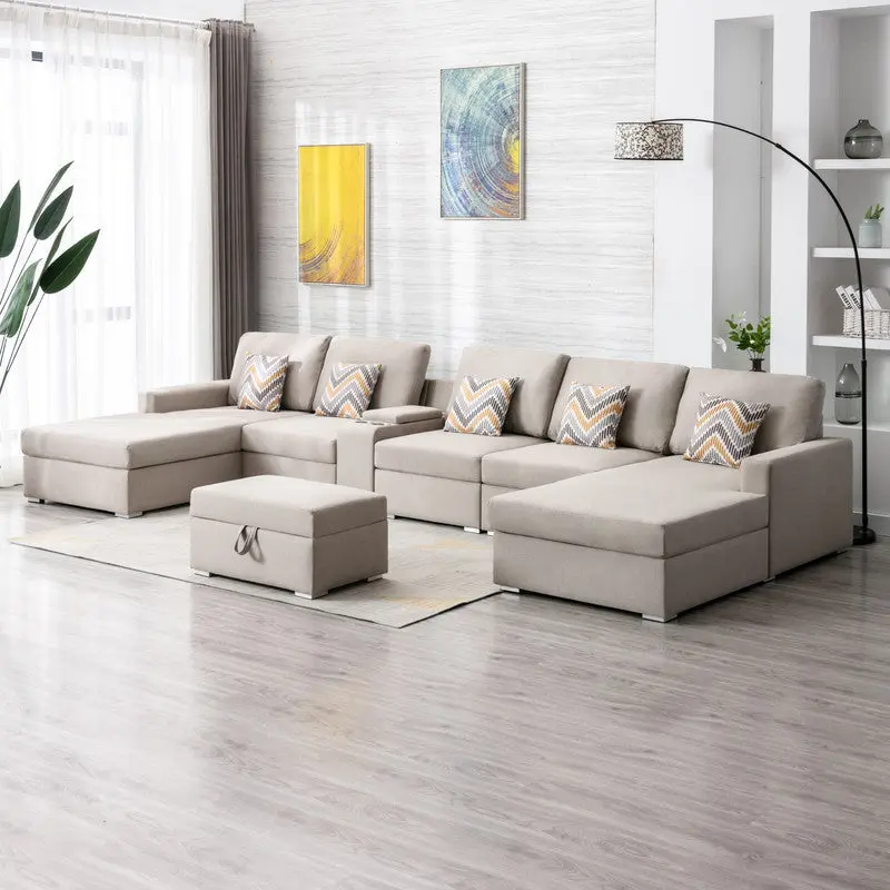 Nolan 163 Inch Beige Linen Fabric 7 Piece Double Chaise Sectional Sofa lilola home
