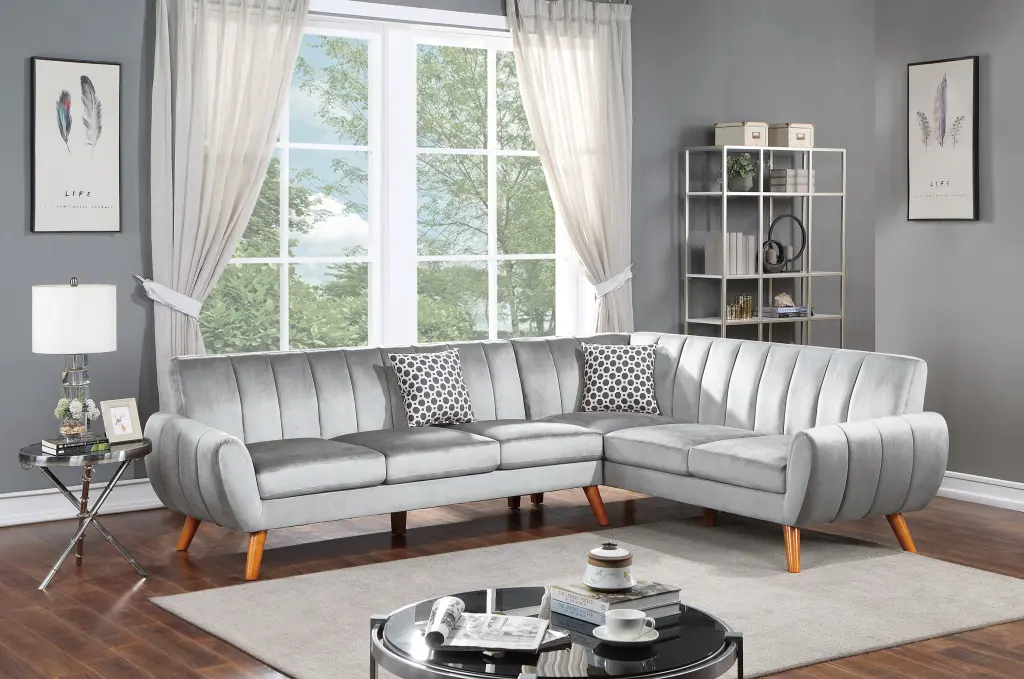 Sectional 2Pc Black Faux Leather Light Gray Velvet Modern Living Room Sofa Set poundex