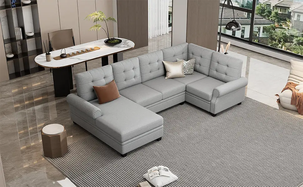 120 Inch Modern U Shaped Corner Sectional Sofa Linen Fabric rnb
