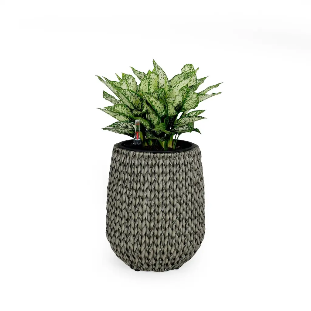 13.4 Inch Self Watering Wicker Planter Gray Round Garden Decoration Pot dty home
