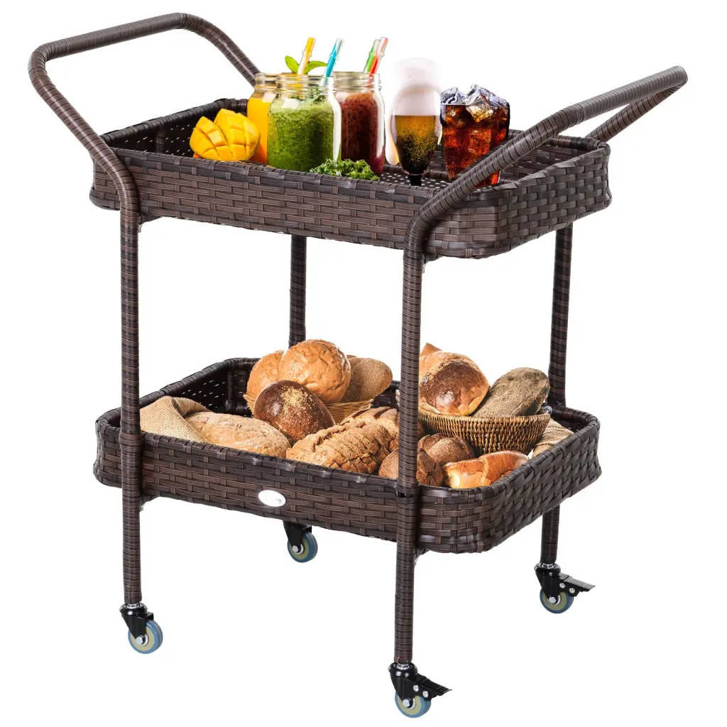 Outsunny Rattan Wicker Serving Cart 2 Tier Open Shelf Outdoor aosom business