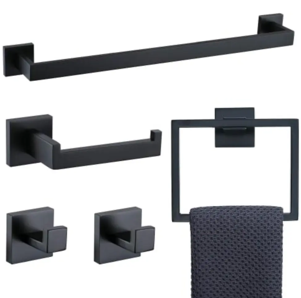 5 Pc Bathroom Accessory Set Matte Black Towel Bar and Holder bathininc