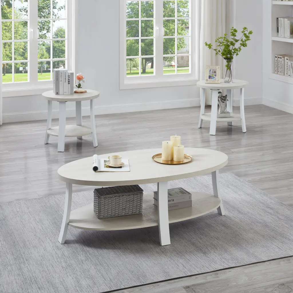 Anze Contemporary Oval Wood Shelf 3 Piece Coffee Table Set White - Modern Living Room Furniture hz