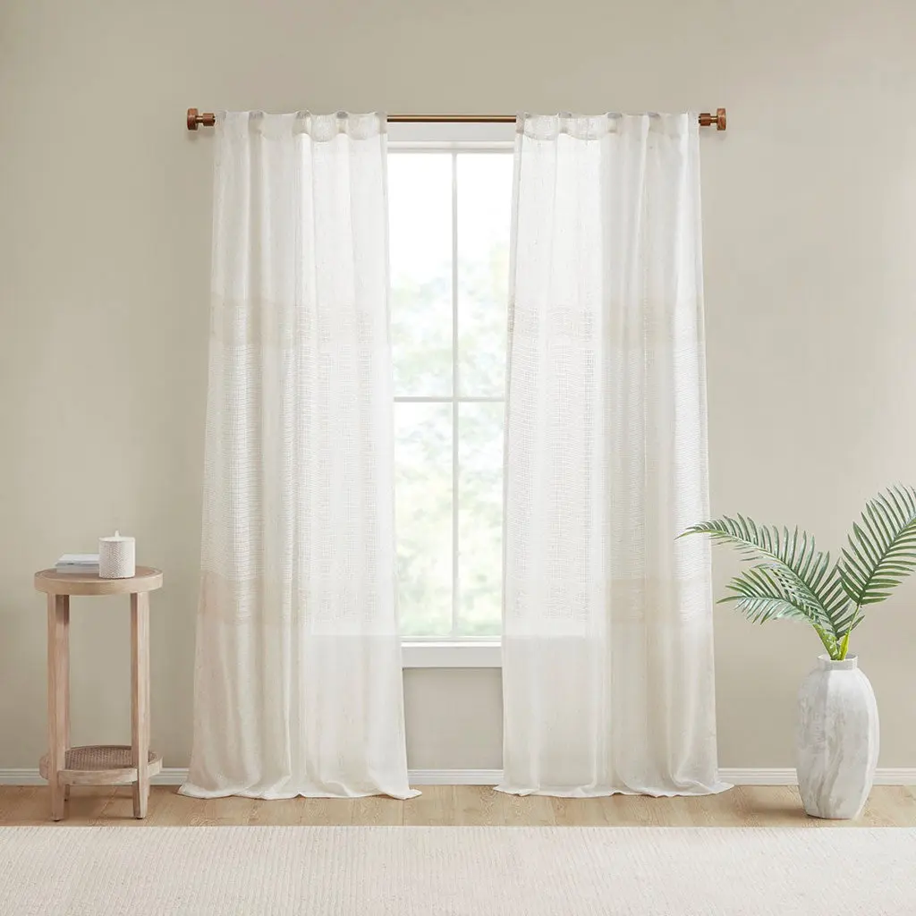 Yarn Dye Sheer Curtain Panel Pair 2 Pcs Window Panels Ivory Polyester jla