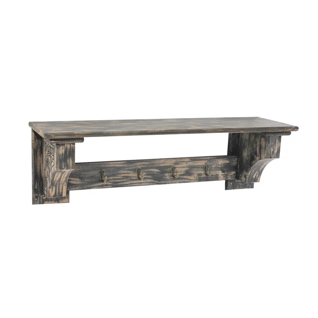 Wooden Wall Shelf 4 Hooks and Carved Side Frames Distressed Black Decor royal hampton