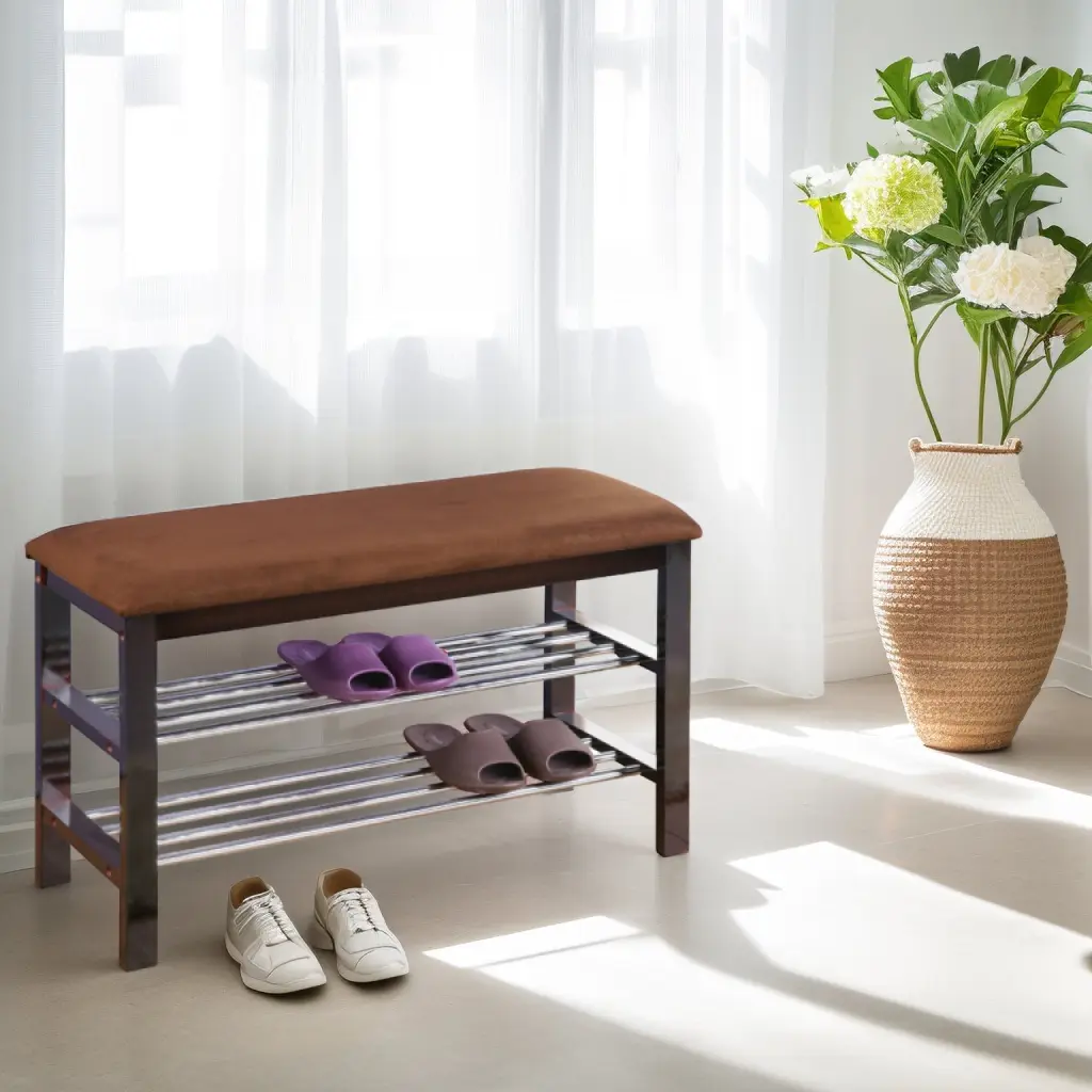 Wood Shoe Bench Chocolate Microfiber Seat Espresso Entryway hz