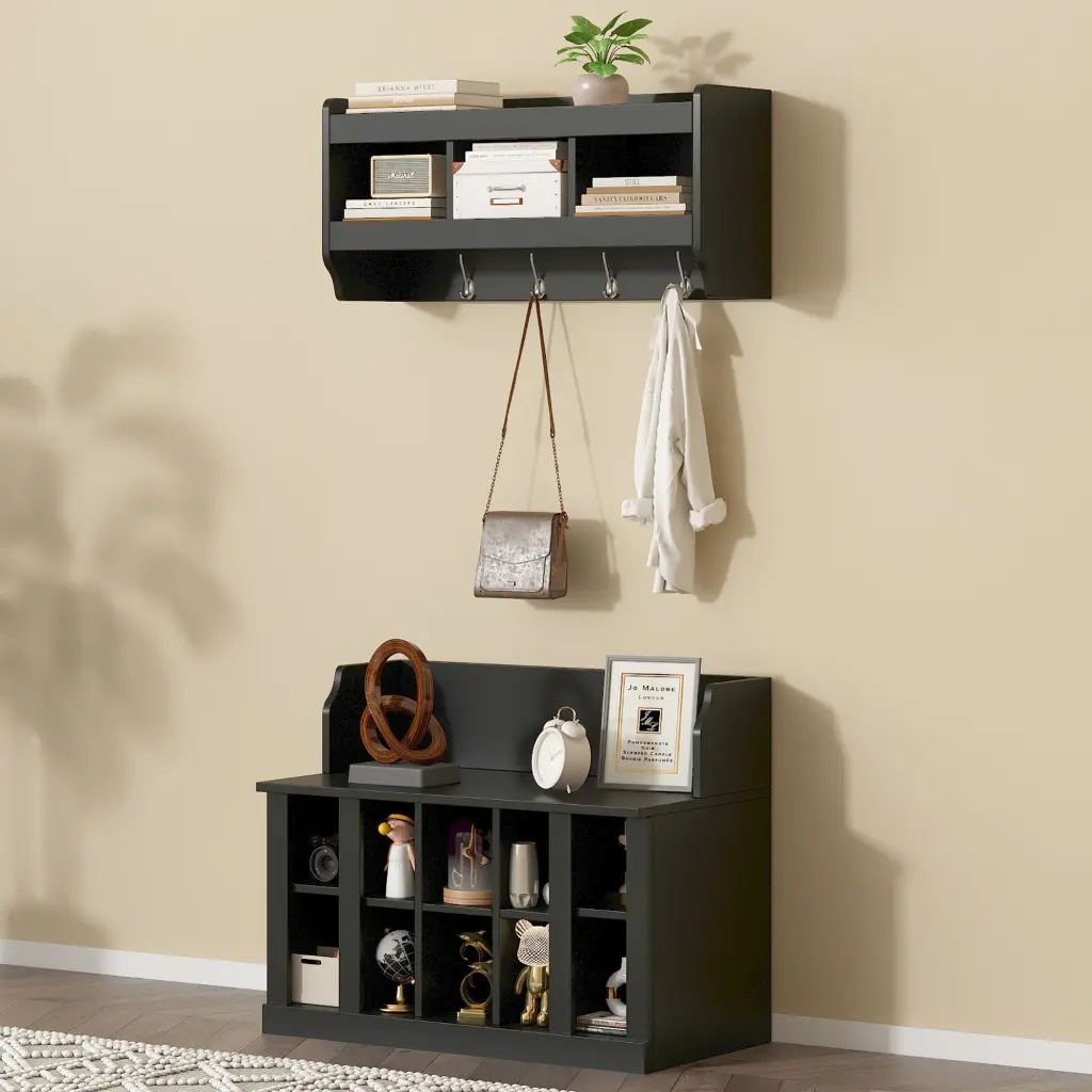 Shoe Storage Bench Shelves and 4 Hooks Elegant Hall Tree Wa rnb