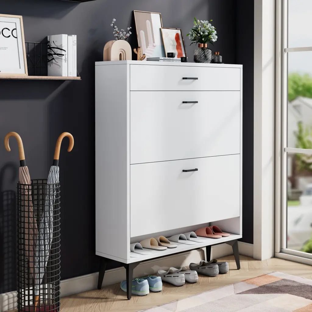 Shoe Cabinet Storage Shelves Metal Legs White MDF Organizer d-n furniture