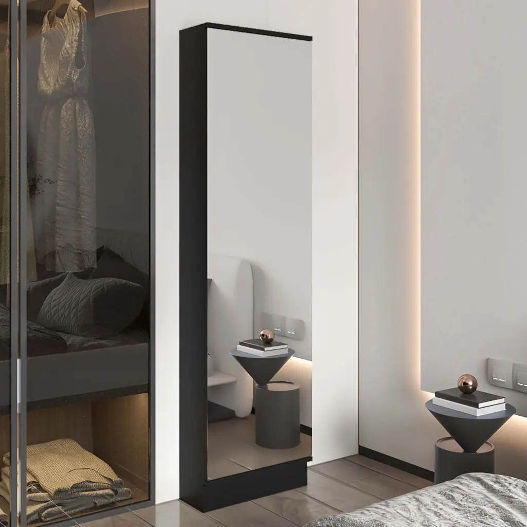 Black Wengue Rectangle Tall Shoe Cabinet Mirror Black Particle Board furniture max