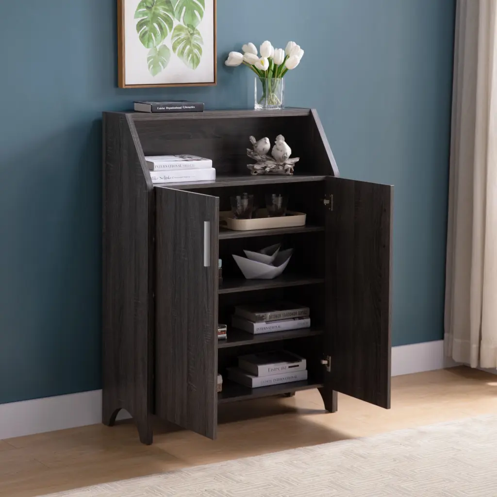 Shoe Cabinet Storage Cabinet Five Shelves Grey Gray Particle Board Compact Entryway Organizer id international- inc.