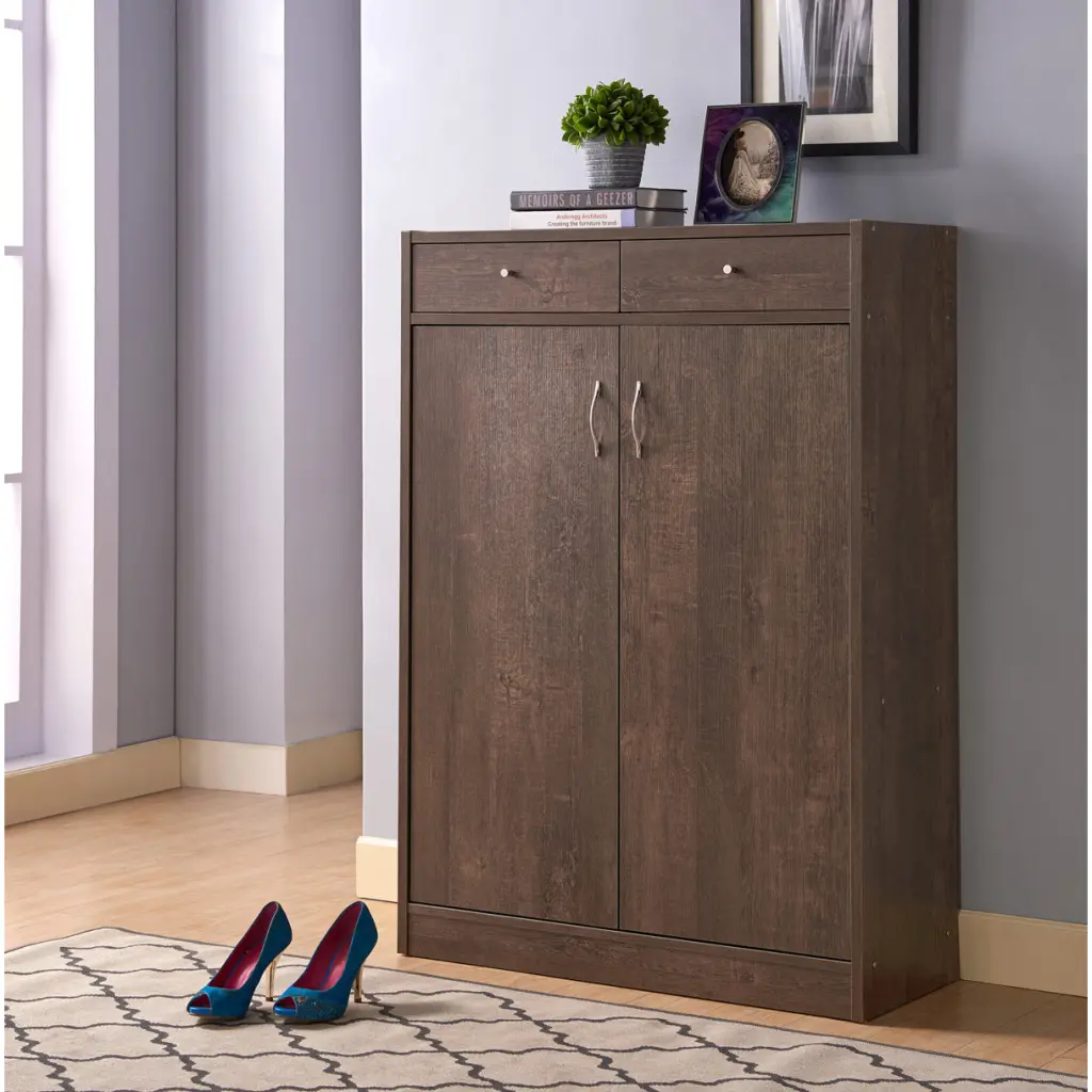 Two Door Shoe Storage Cabinet Two Top Drawers And Five Shelves id international- inc.