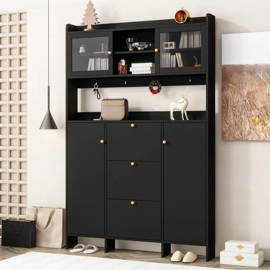 Contemporary Shoe Cabinet Open Storage Platform and Tempered Glass - Entryway Organizer rnb