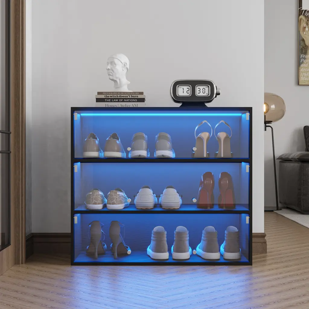 Black Glass Door Shoe Box Shoe Storage Cabinet RGB LED Light shouguang simaite trade co.ltd