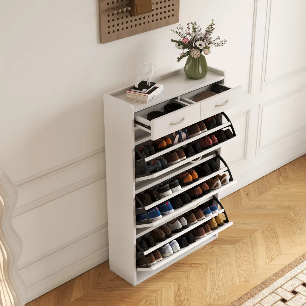 31.49 Inches White Solid Wood Shoe Cabinet Three Layer Flip Bucket Storage Organizer ylf fff
