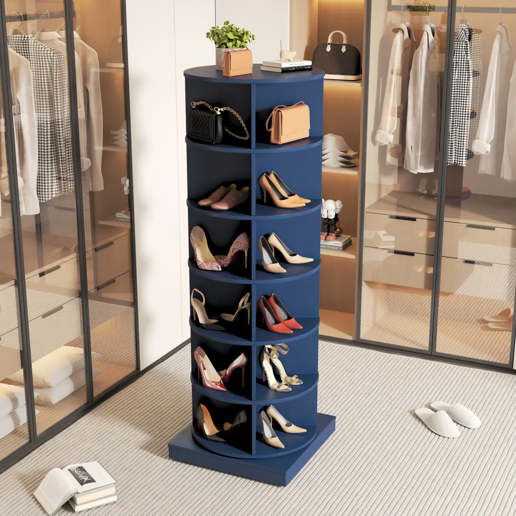 Blue 360 Rotating Shoe Cabinet 6 Layers Round Smoke Blue Living Room zr furniture