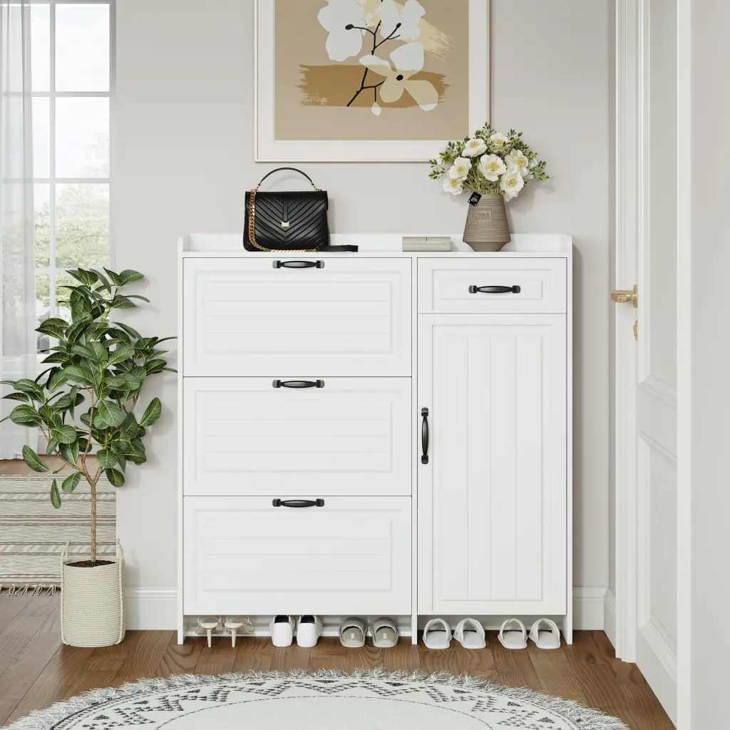 White Color Shoe Cabinet 4 Doors 1 Drawer PVC Door Influence zr furniture