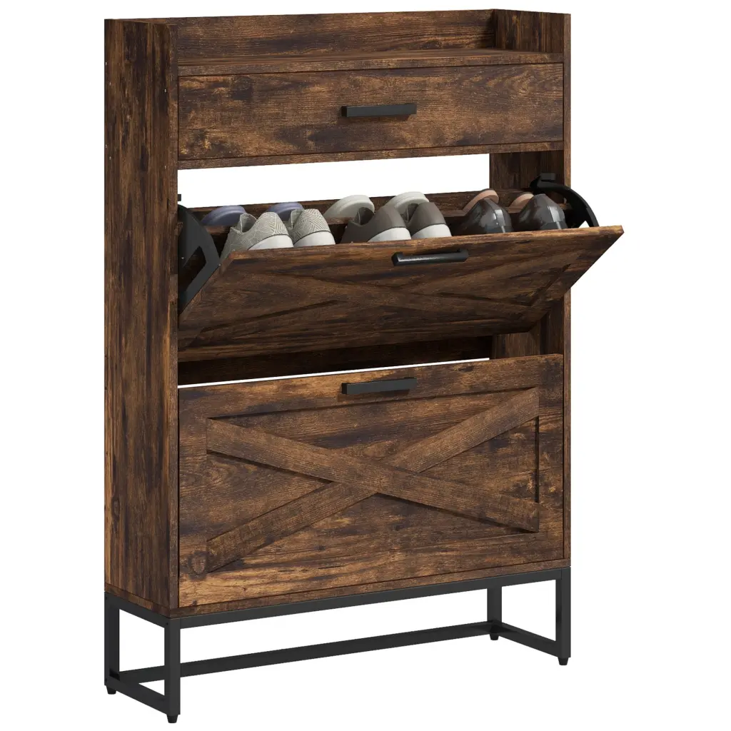 Homcom Narrow Shoe Cabinet 2 Flip Doors And Top Drawer Brown Rustic aosom business