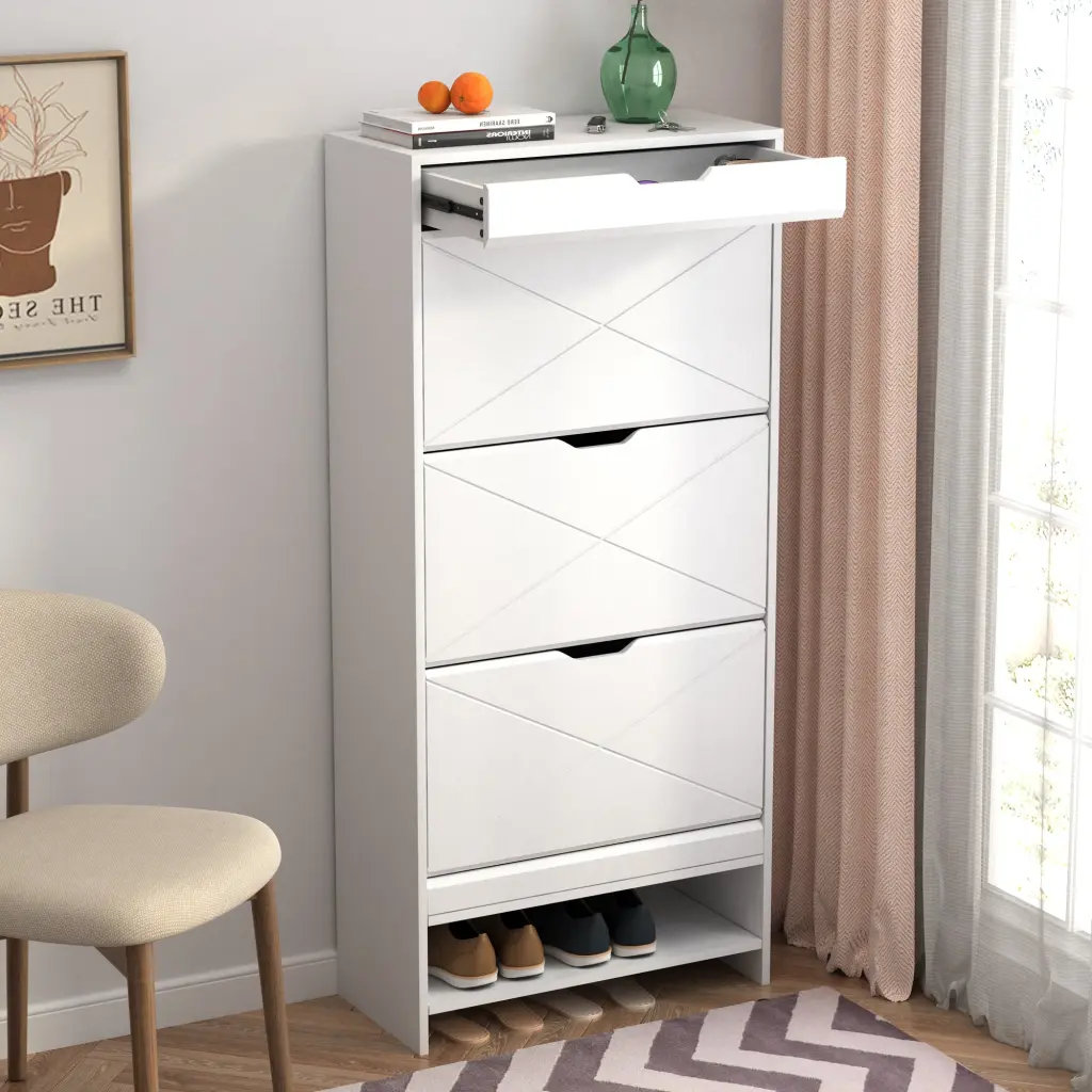 Mdf Wood 3 Tier Tipping Bucket Shoe Storage Cabinet White Finish familyroom furnitures