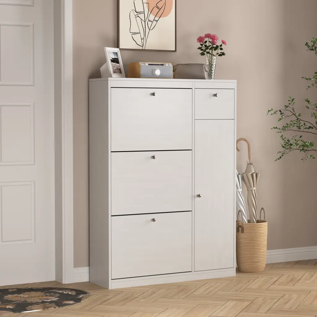 Shoe Cabinet Freestanding Tipping Bucket Shoe Rack Arranger 3 Flip-Up Doors newmark