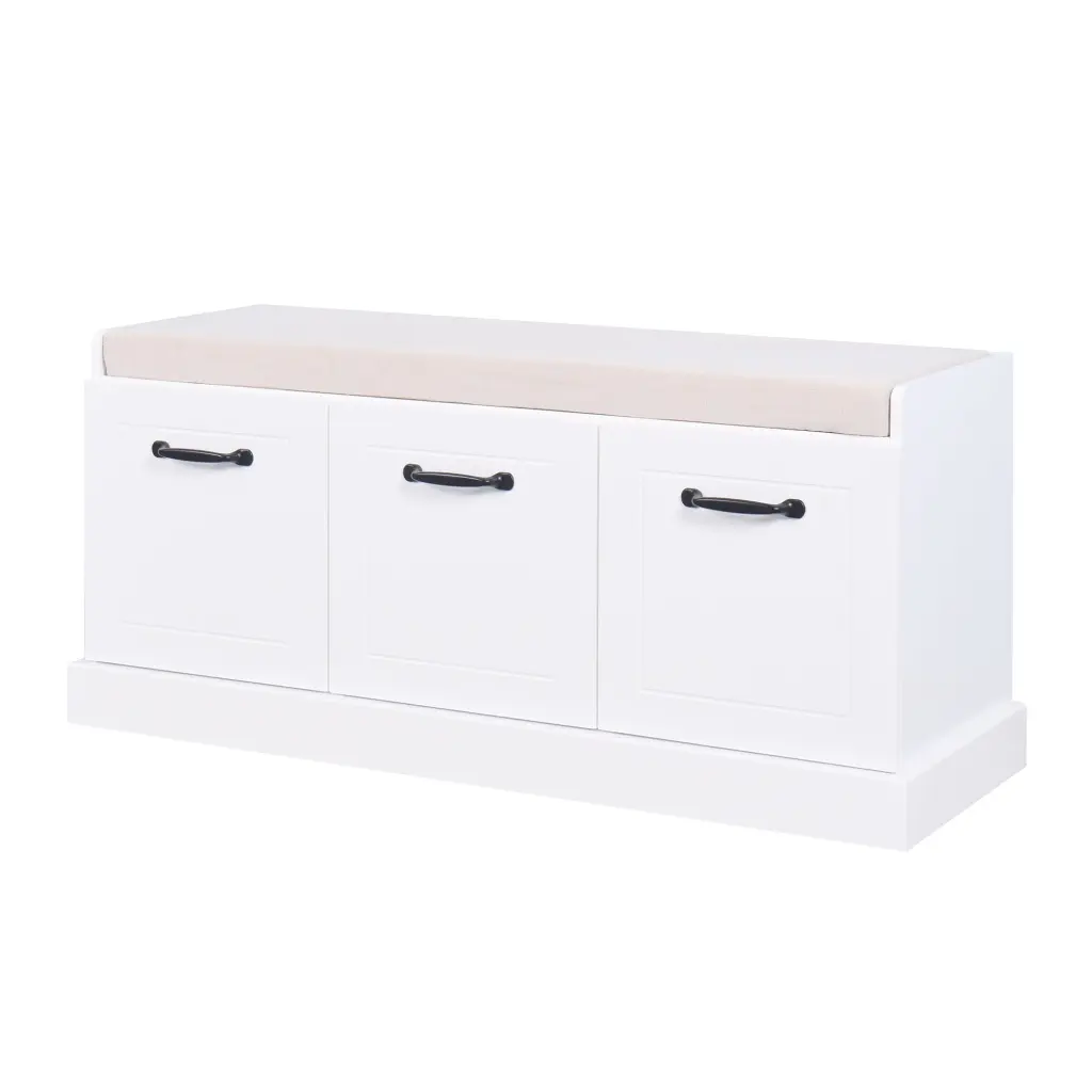 White Cushion Wooden Entryway Shoe Cabinet Storage Bench newmark