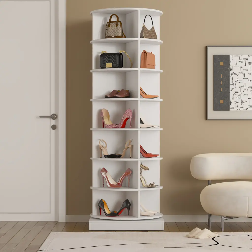 360 Rotating Shoe Cabinet 7 Layers Holds Up to 28 Pairs Shoes White zr furniture