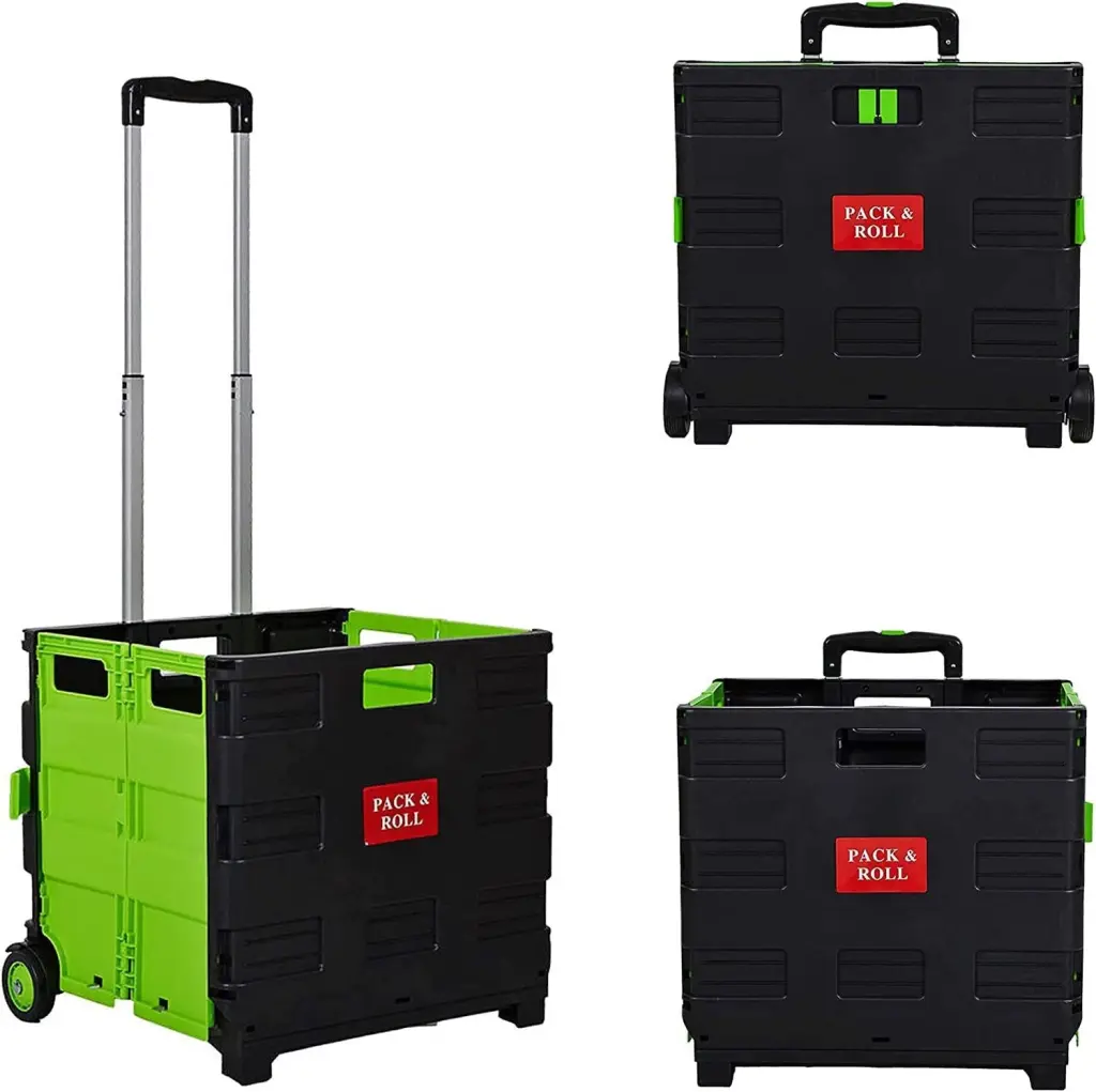 Medium Black Folding Rolling Shopping Cart Polypropylene Grocery Trolley w2181