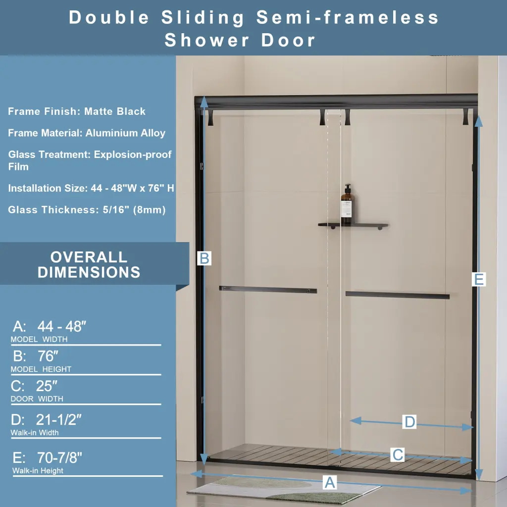 44-48 Inch W x 76 Inch H Semi Frameless Shower Door Double Sliding Glass bathininc
