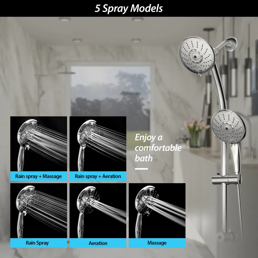 5 Inch Multi Function Dual Shower Head Adjustable Slide Bar Chrome lordear