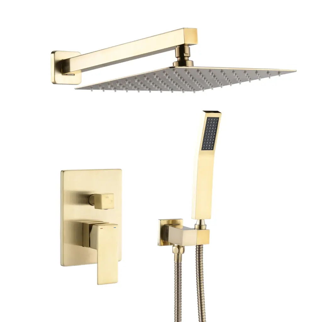 Brushed Gold Shower System 12 Inch Brass Bathroom Deluxe Rain Mixed Shower kooleasy