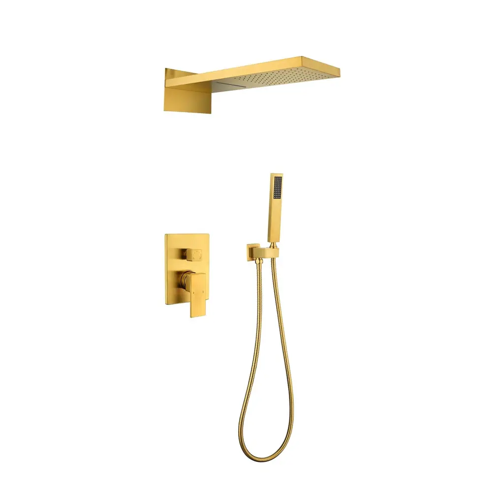 Wall Mounted Waterfall Rain Shower System Brushed Gold Bathroom Fixture w2287