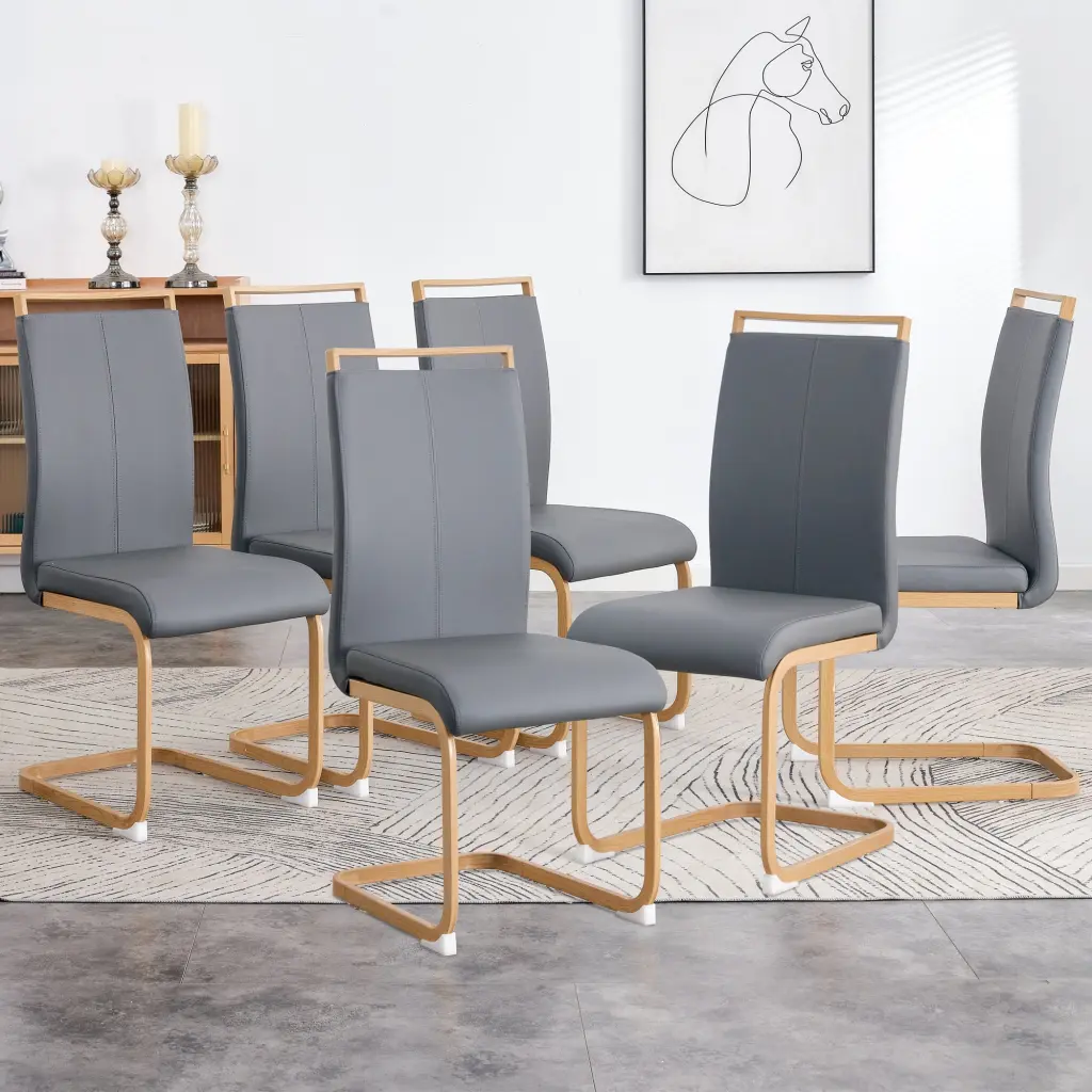 Modern PU Leather High Backrest Cushion Side Chair Wood Grain Metal Legs droom w-1151