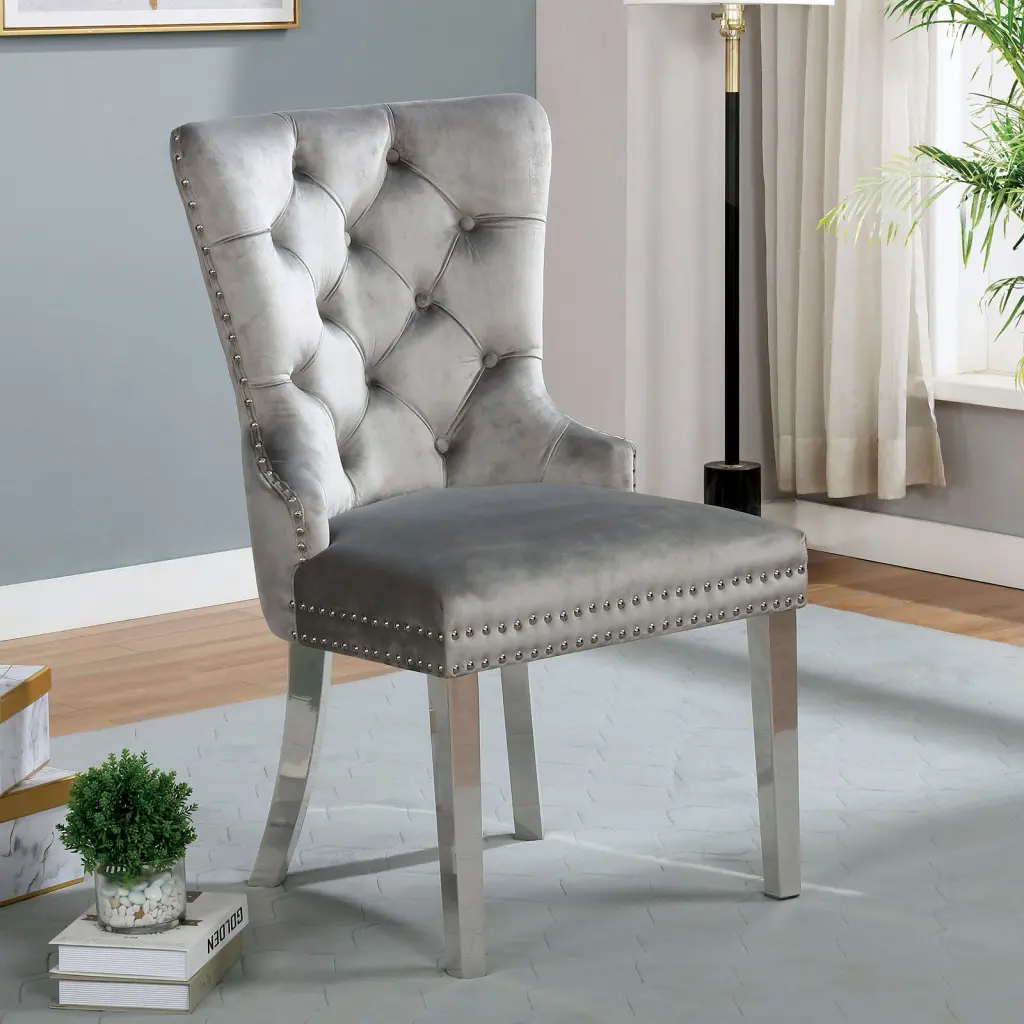 Contemporary Gray Flannelette 2Pcs Side Chairs Button Tufted Upholstery kanepe