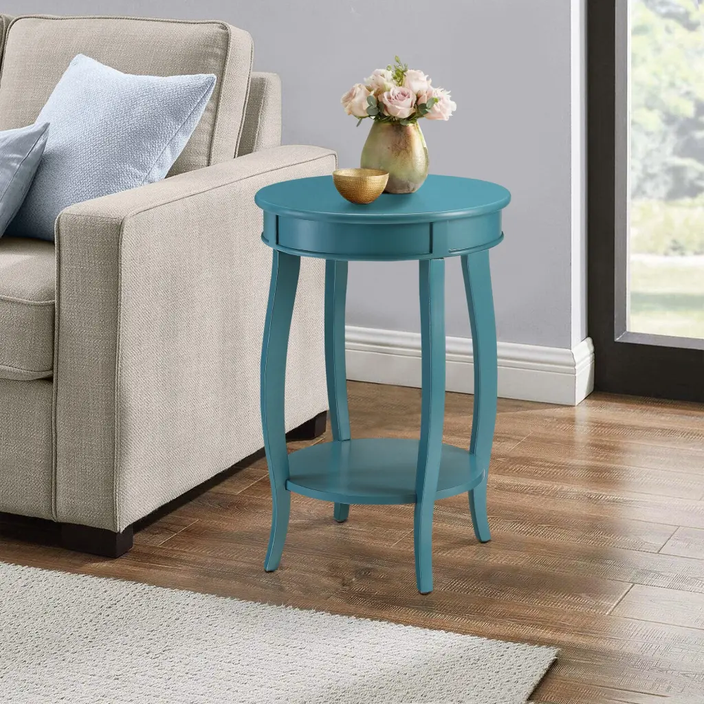Teal Round Side Table Bottom Shelf Living Room End Table furniture max