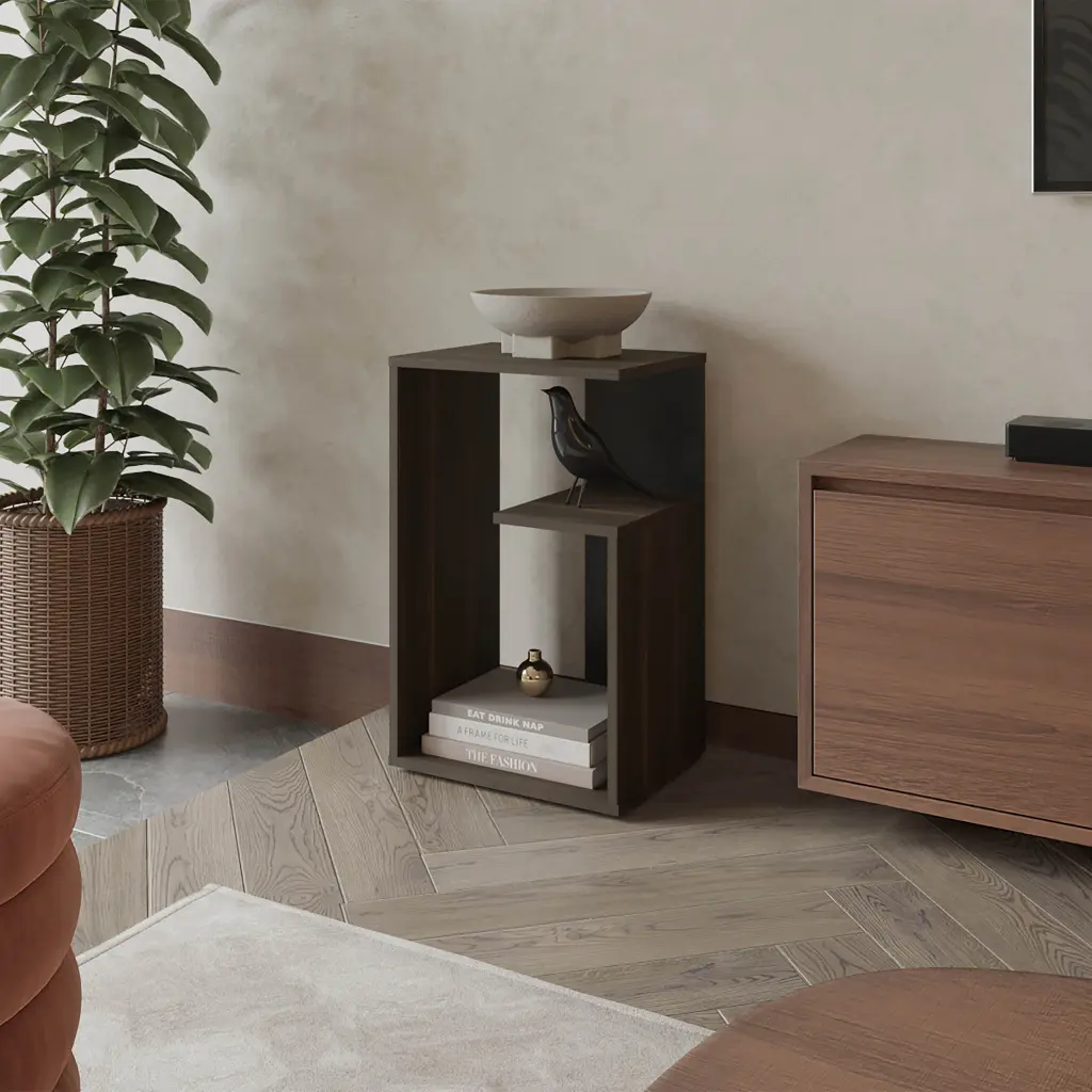 Vega Side Table Melamine Open Storage Camel Black Multi Primary fm furniture