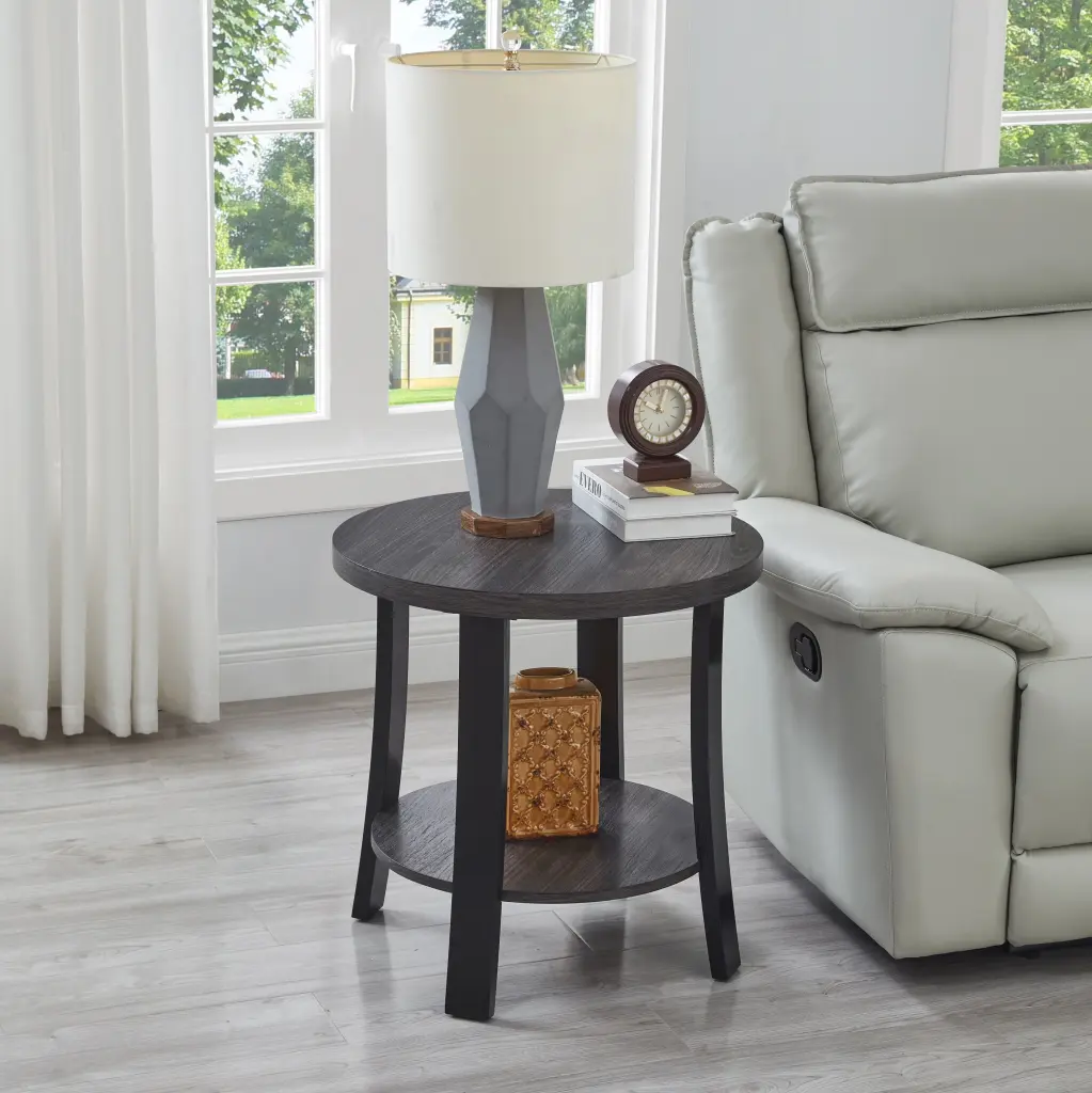Anze Contemporary Round Wood Shelf End Table Charcoal Finish Modern Side Table hz