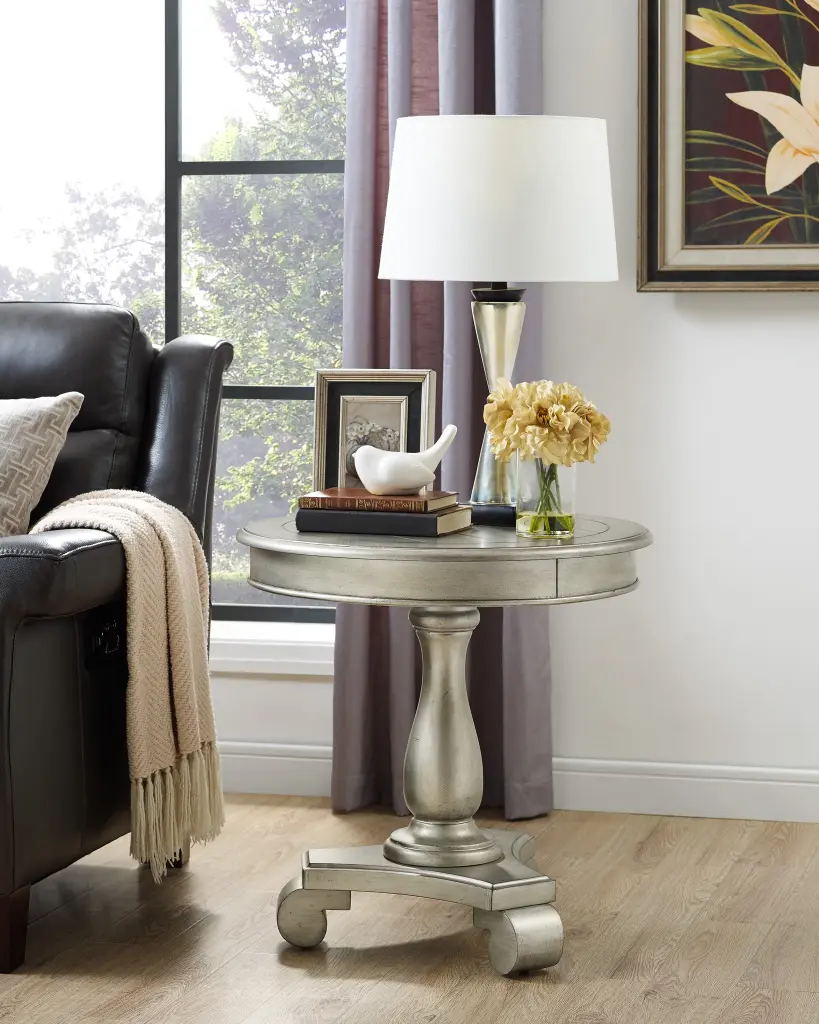 Rene Round Wood Pedestal Side Table Champagne Finish hz