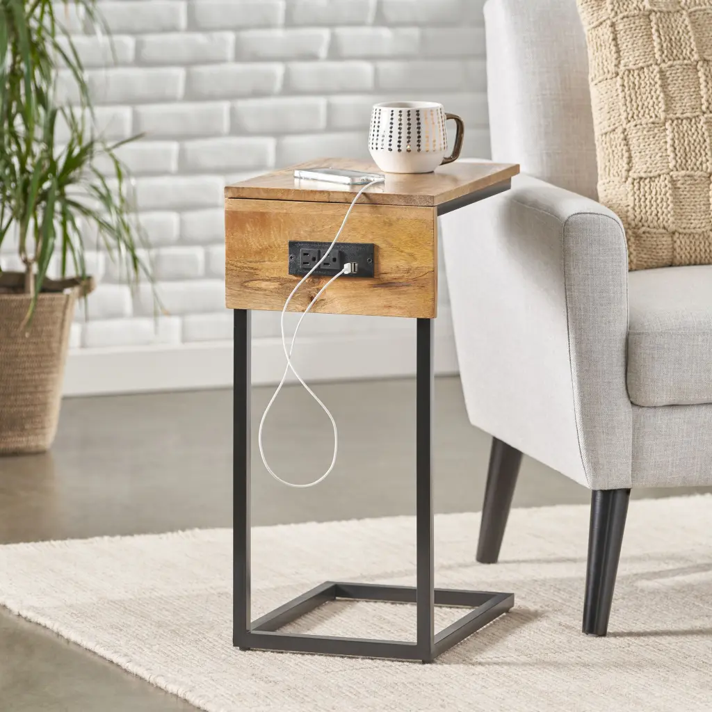 C Table Natural Black Wood Metal Side Table Living Room nh-cloudhouse