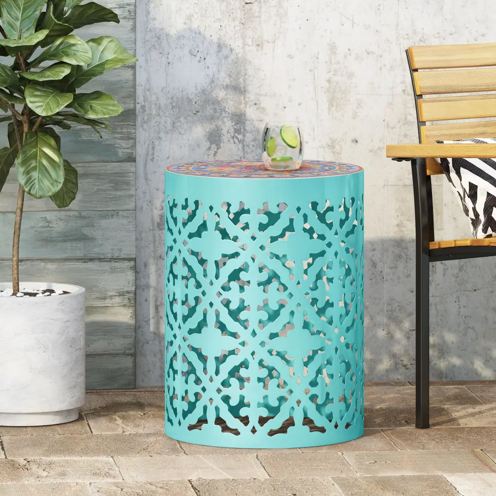 Castana Teal Rattan Fabric Side Table Living Room or Bedroom nh-comfortcove
