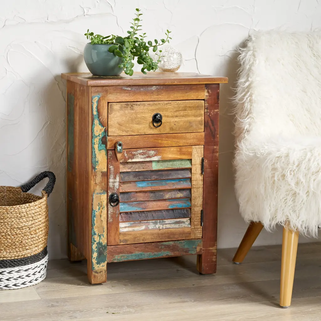 Side Table Drawer Natural Wood and Metal Frame Living Room nh-comfortcove