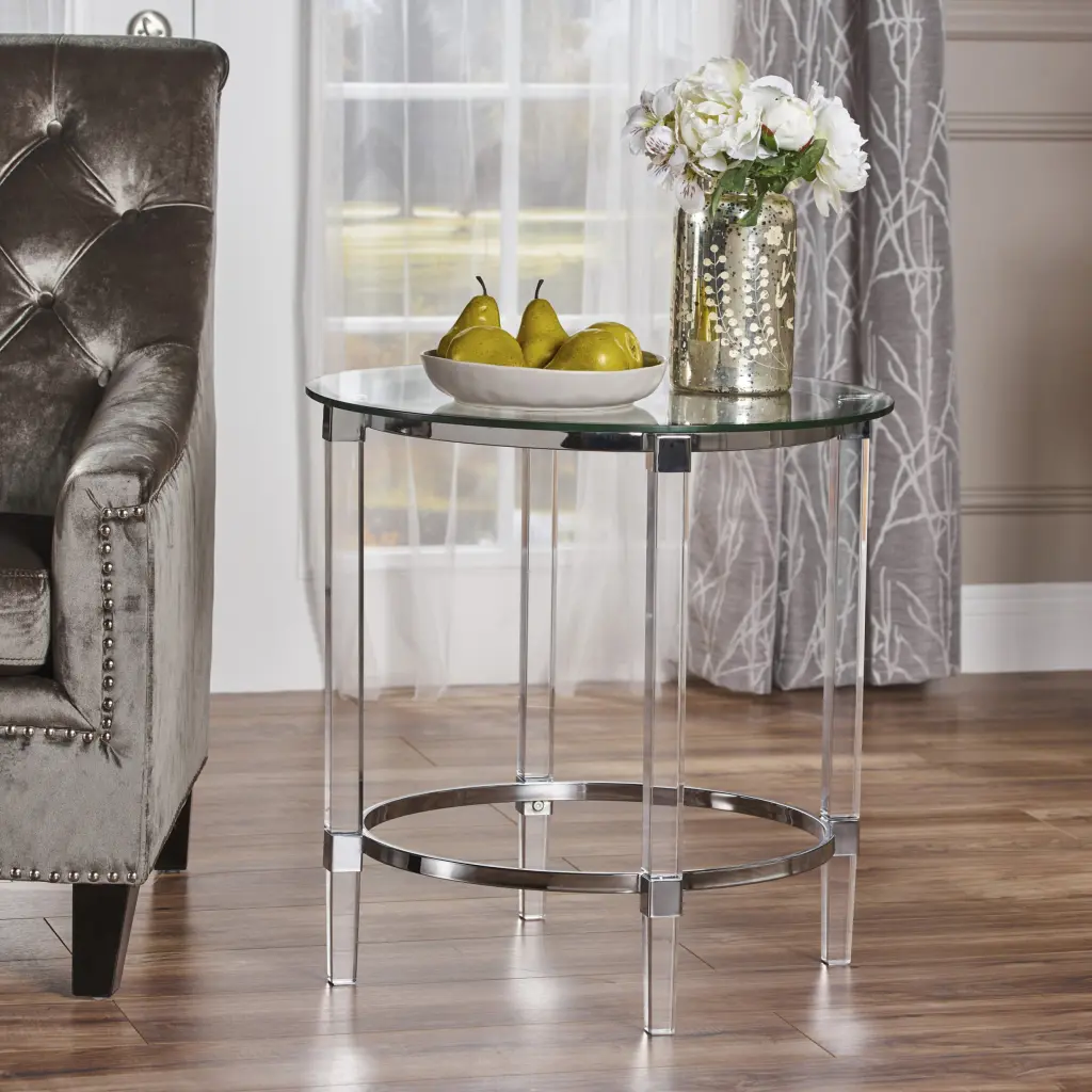 Round End Table Clear Glass Top Modern Living Room Accent Table nh-perfect home