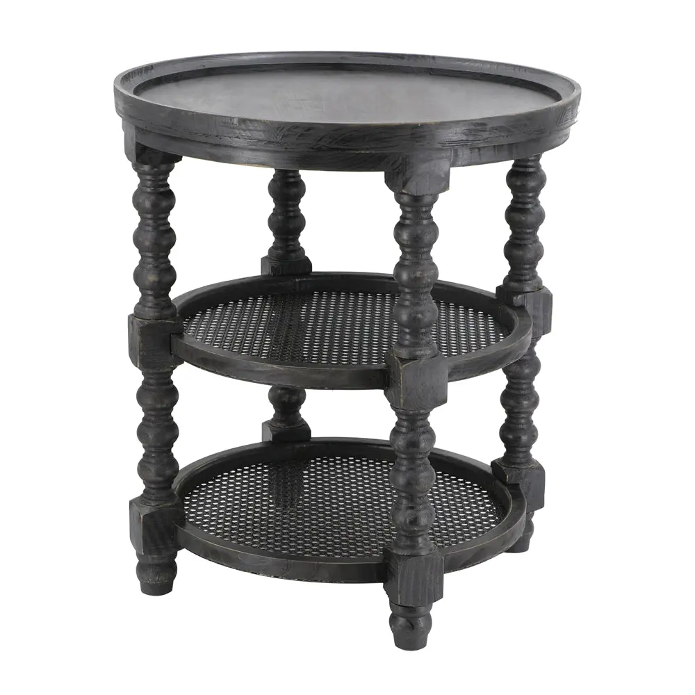 D23.5 X 25 Round Three Tiered Side Table Rattan Shelf Black w2078