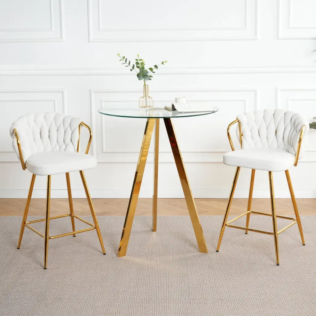 Chic White Cotton and Linen Design Gold Plated Metal Table Legs Round Table youngmagic
