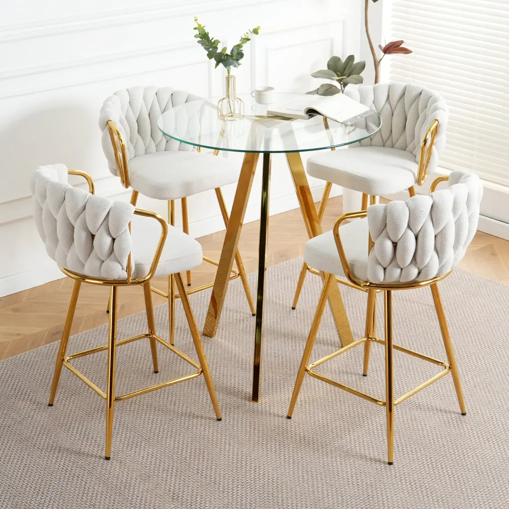 Chic White Cotton and Linen Design Gold Plated Metal Table Legs Round Table youngmagic