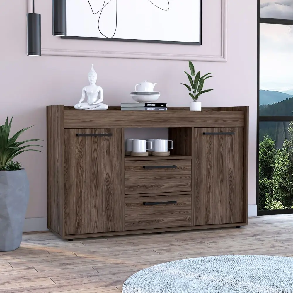 Chapella 2 Drawer Sideboard Dark Walnut Brown Particle Board - Elegant Living Room Storage Furniture furniture max