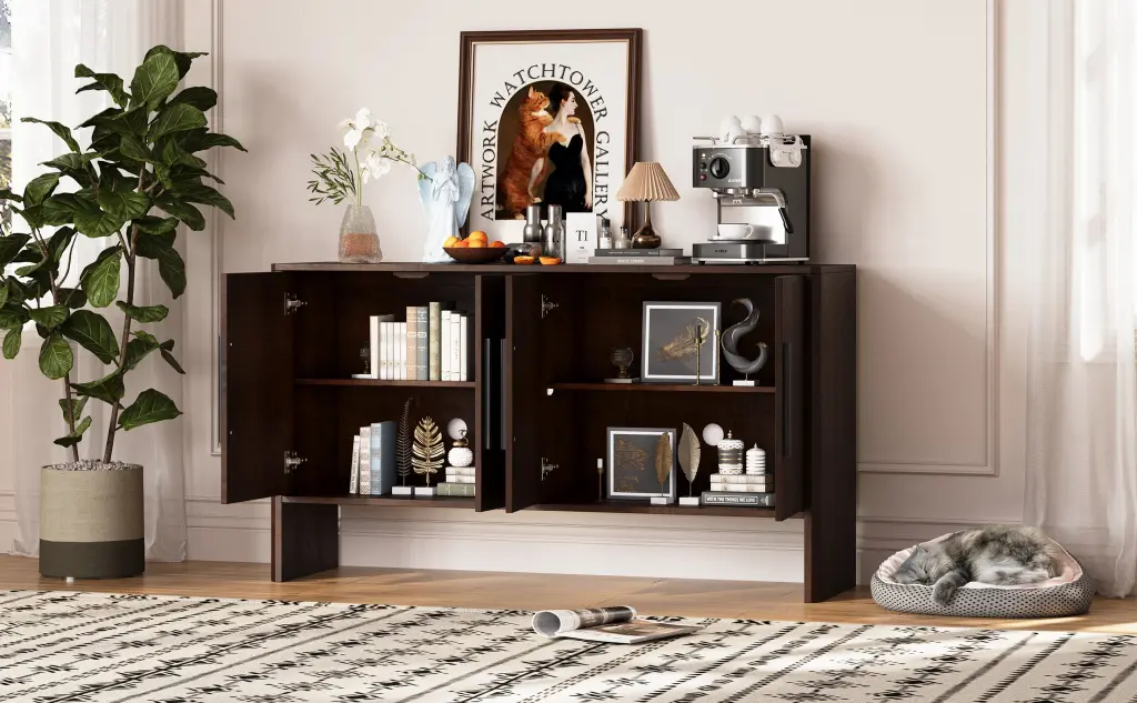 4 Door Large Storage Retro Sideboard Adjustable Shelves and Long Drawers rnb