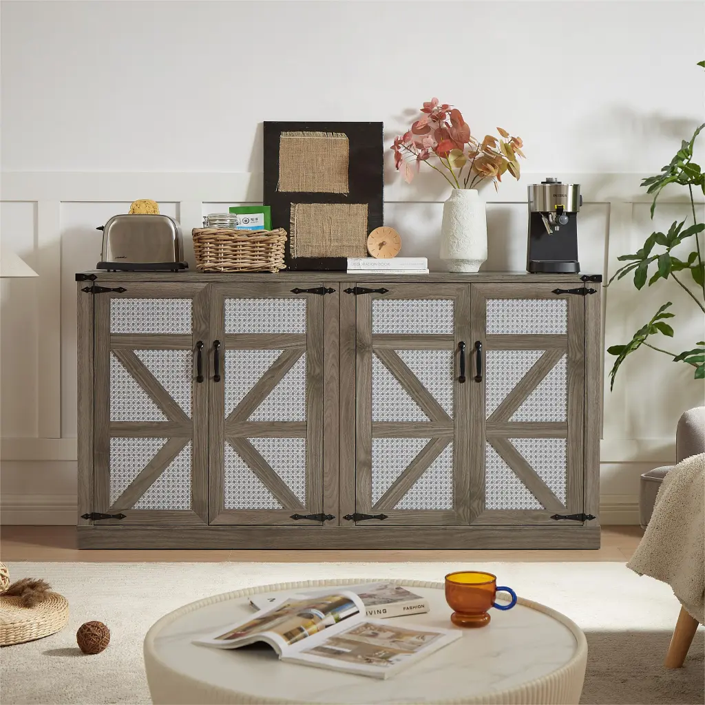 65 Inch Slate Gray Faux Rattan Sideboard Barn Doors Rustic Storage rnb