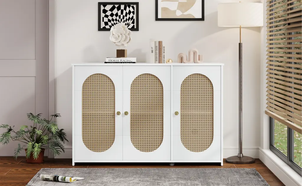 Retro 3 Door Sideboard Large Storage Space and Artificial Rattan Doors rnb