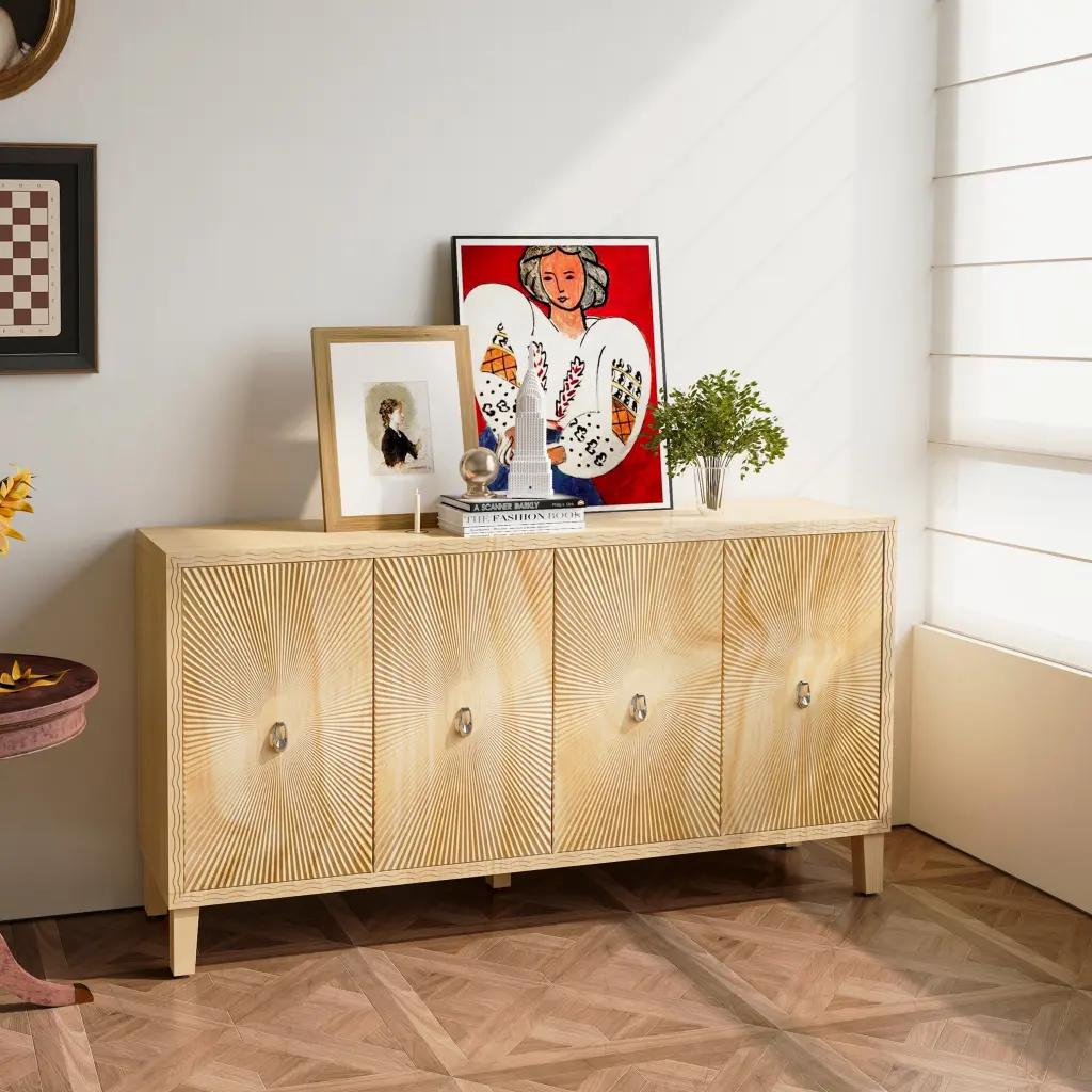 Vintage 4 Door Storage Cabinet Carved Scatter Pattern Dining Sideboard rnb